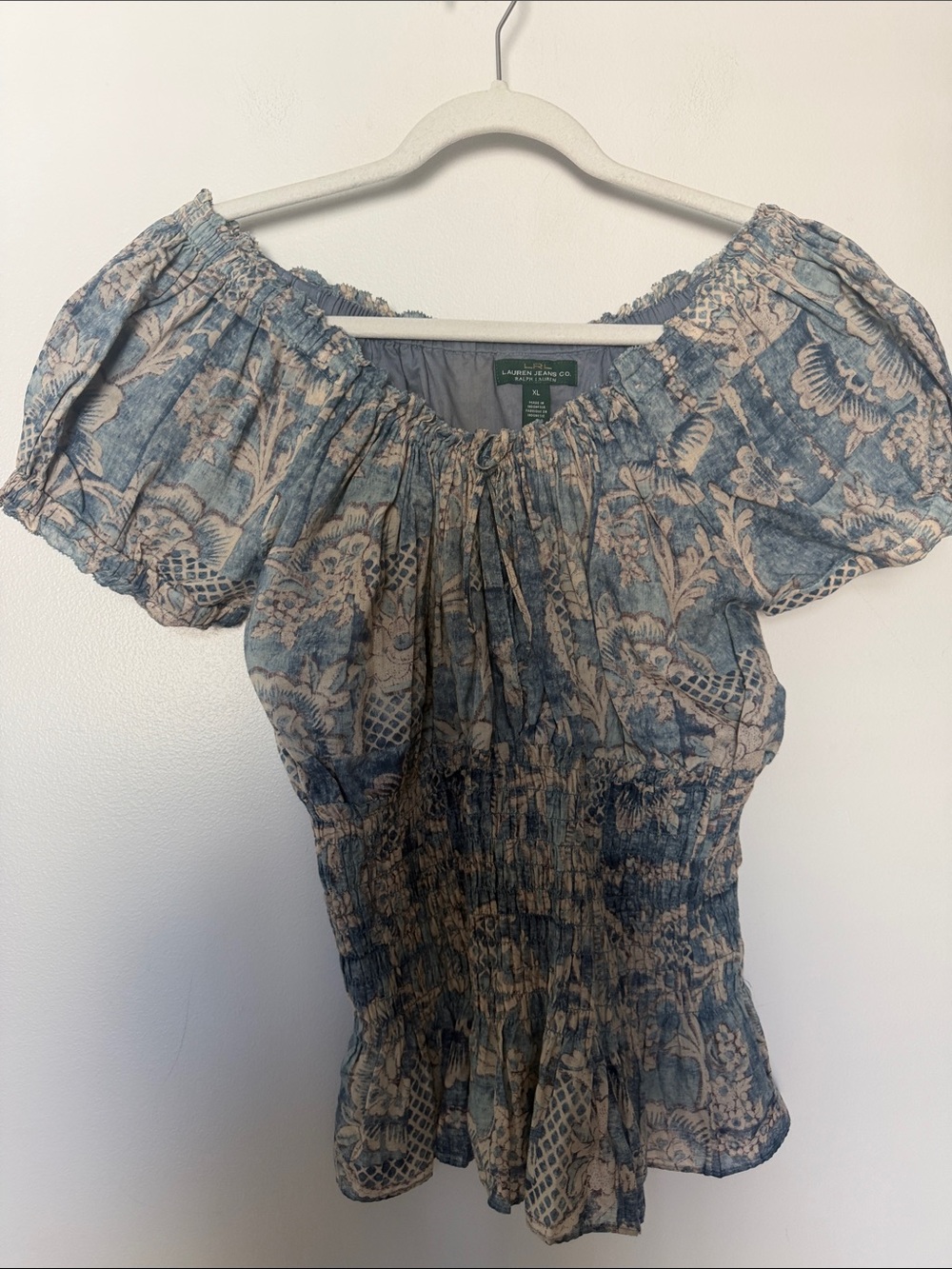 Lauren Ralph Lauren Blue and Cream Floral Off-Shoulder Smocked Blouse
